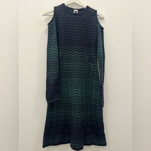 M by Missioni Fit & Flare Green Blue Chevron Print Open Shoulder Knit Dress Sz 2